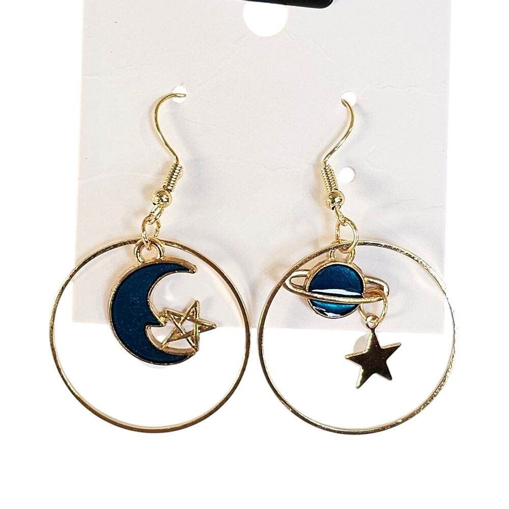 Celestial Planet Moon Star Earring Blue Enamel Gold Tone Dangle Hook Style 1.86"